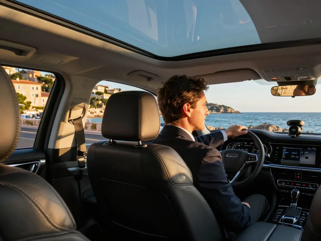 Trajet en taxi à Saint-Tropez dans une berline de luxe, offrant des vues côtières époustouflantes et un chauffeur professionnel, incarnant le confort.