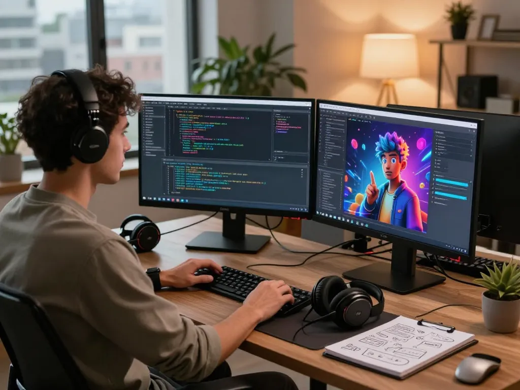 Developer coding crushonai character AI in a modern workspace.