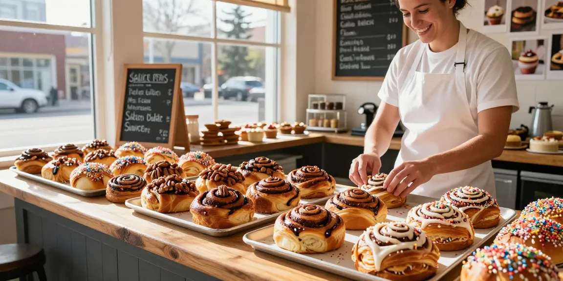 Fresh cinnamon buns on display in a Calgary bakery, showcasing Dessert Calgary delights.