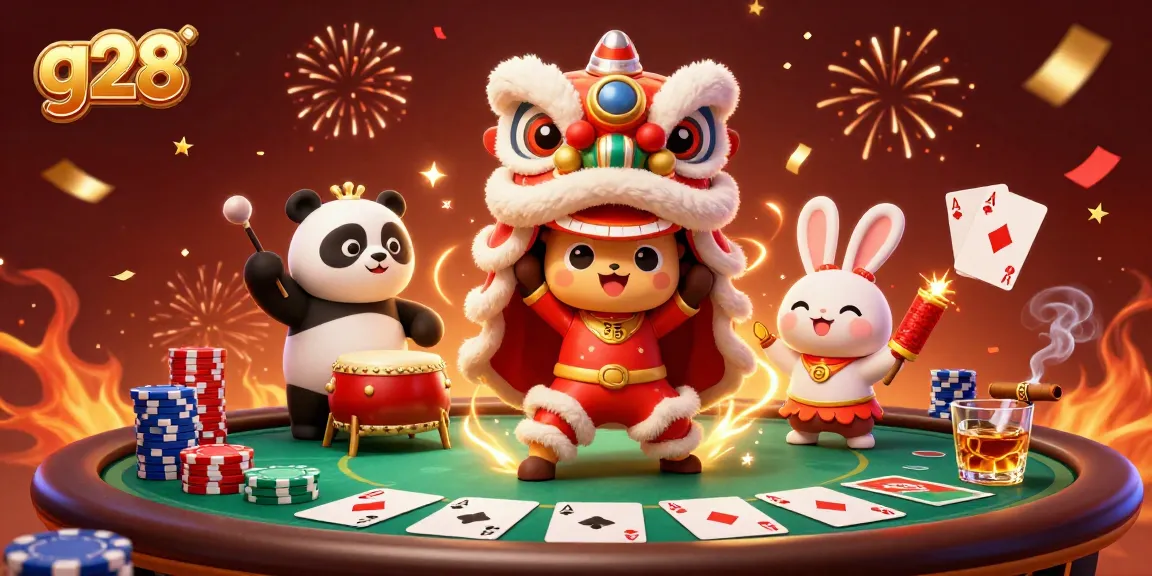 Experience g28 excitement with a vibrant lion dance scene amid a poker extravaganza.