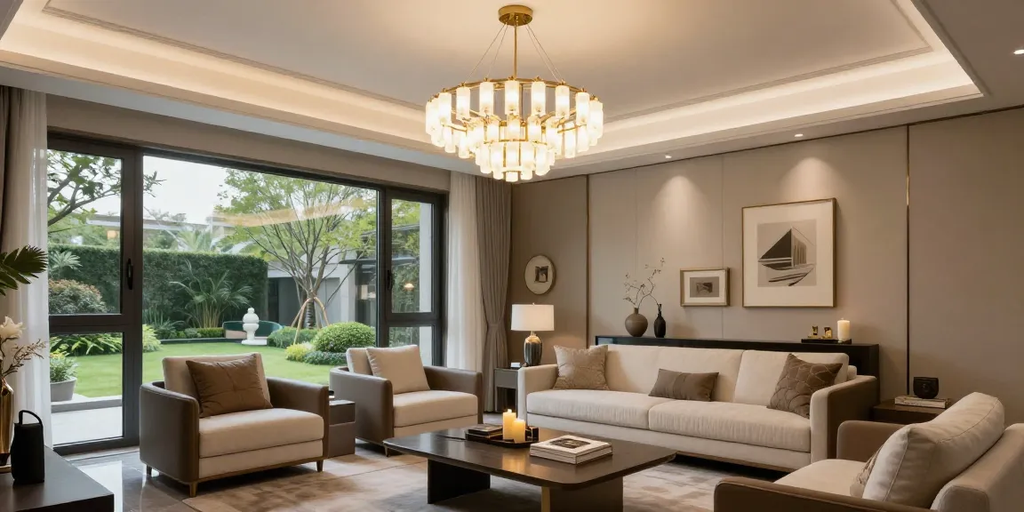 Candelabru LED modern suspendat în living elegant, iluminând spațiul.