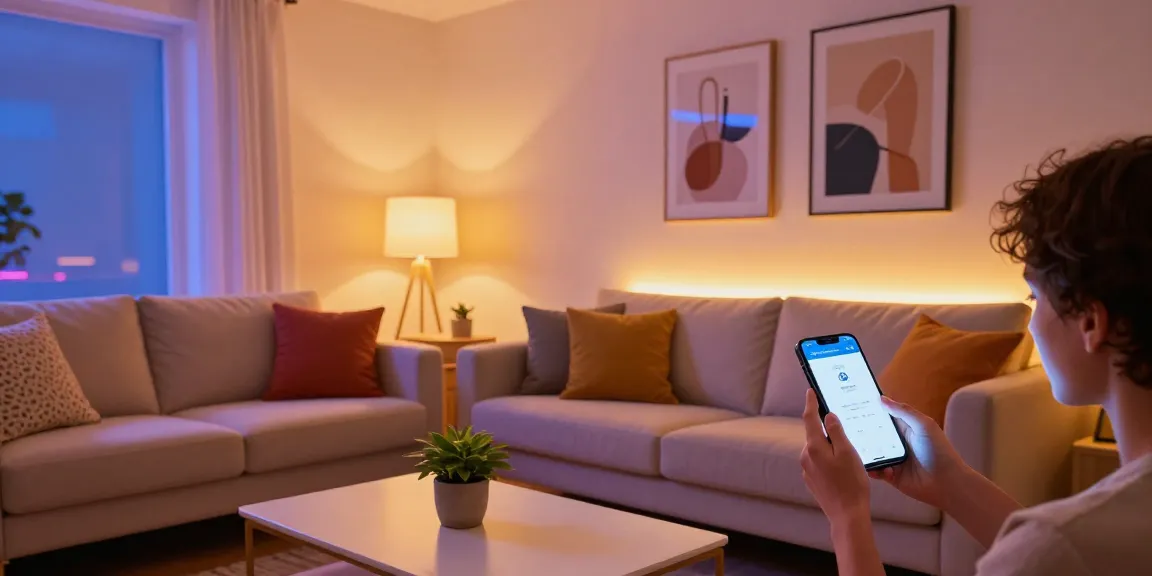 Atmosferă primitoare în living iluminat cu banda led, decor modern și ajustări cu smartphone.