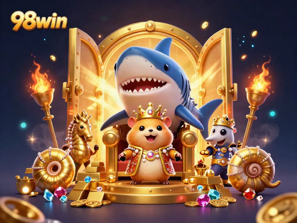 Win big with 98win in this vibrant 3D casino scene, featuring treasure and excitement.
