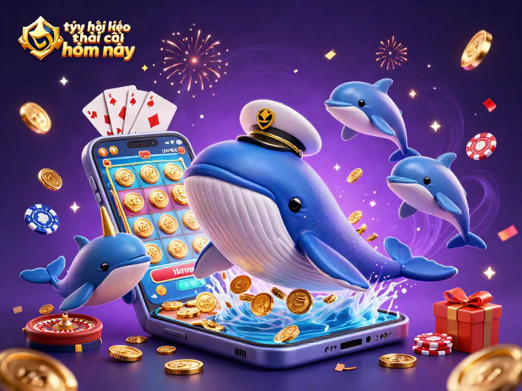 Join the excitement of tỷ lệ kèo nhà cái hôm nay with a cartoon whale and vibrant casino elements.