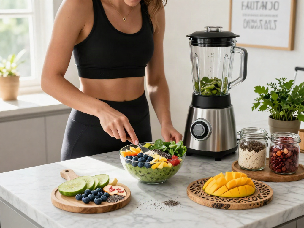 Creating a vibrant smoothie bowl with erecsure ingredients in a bright kitchen