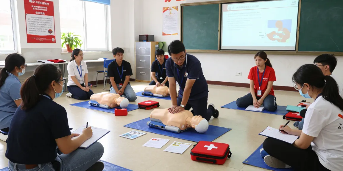 Group learning first aid things with instructor demonstrating CPR techniques in a bright training room.
