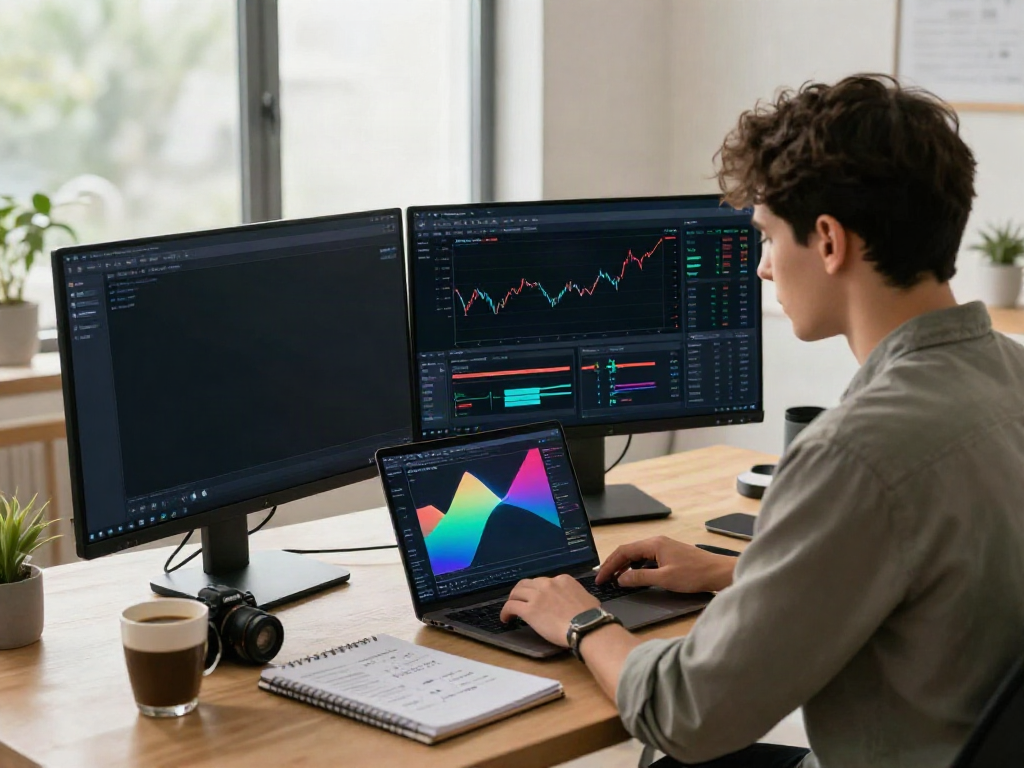 Trading on Quantum AI: professional setting with user analyzing market data on dual monitors.