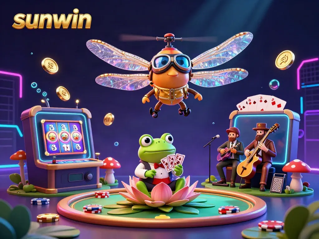 Experience thrilling gaming with sunwin at a lively lily pad casino featuring a dragonfly pilot and frog croupier.