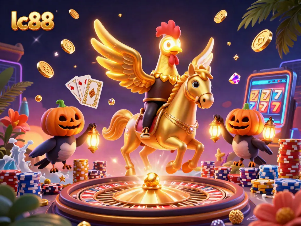 Join the adventure at lc88 with a vibrant illustration of a golden rooster casino scene.