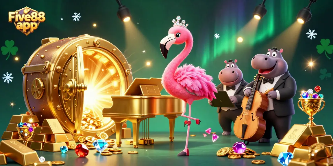 Experience the vibrant atmosphere of the Five88 app with lively cartoon characters, dazzling gems, and action-packed casino elements.