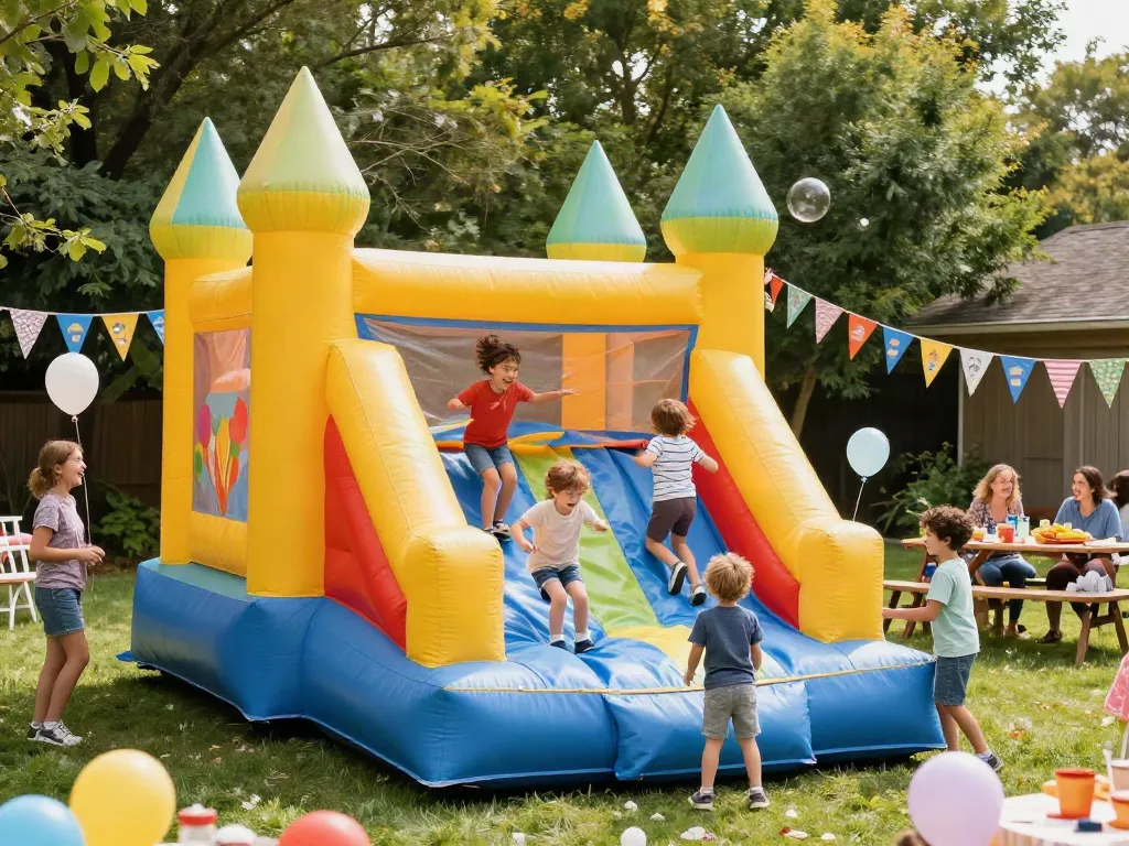 Children enjoying a lively inflatable castle at a birthday party with colorful decorations.