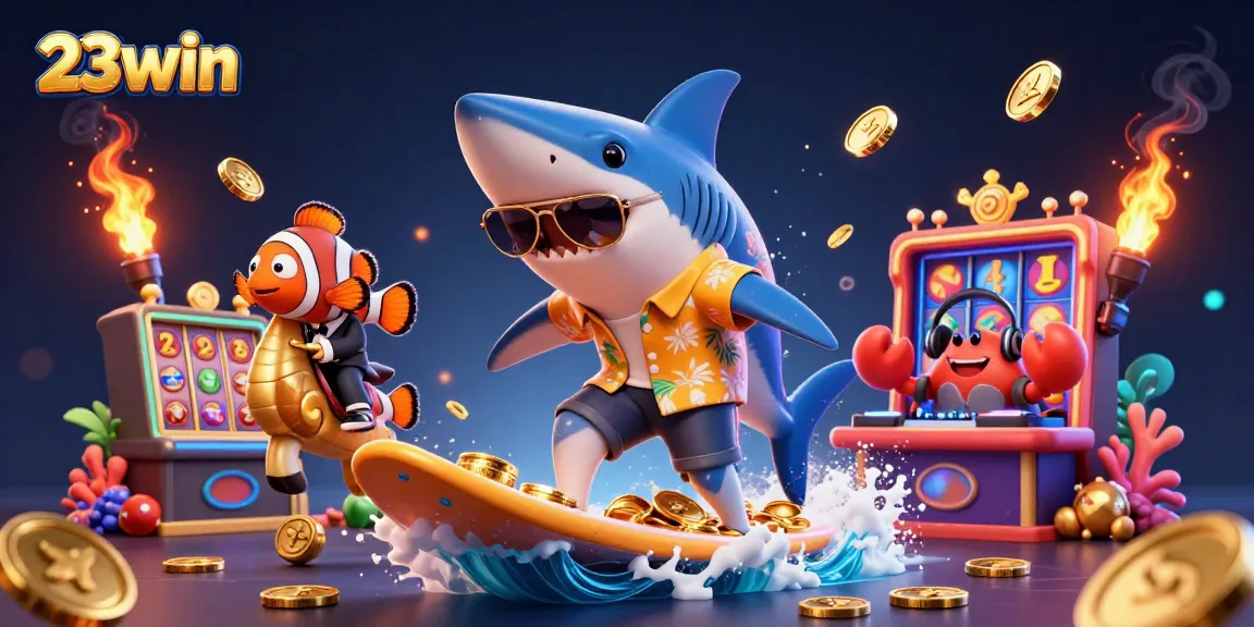 Experience exciting betting with 23win as you surf on a wave of gold coins and vibrant casino symbols.
