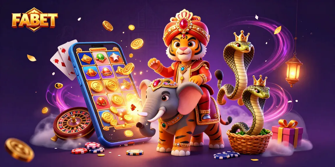 Experience thrilling casino action with FABET's vibrant illustrated scene featuring games and iconic characters.
