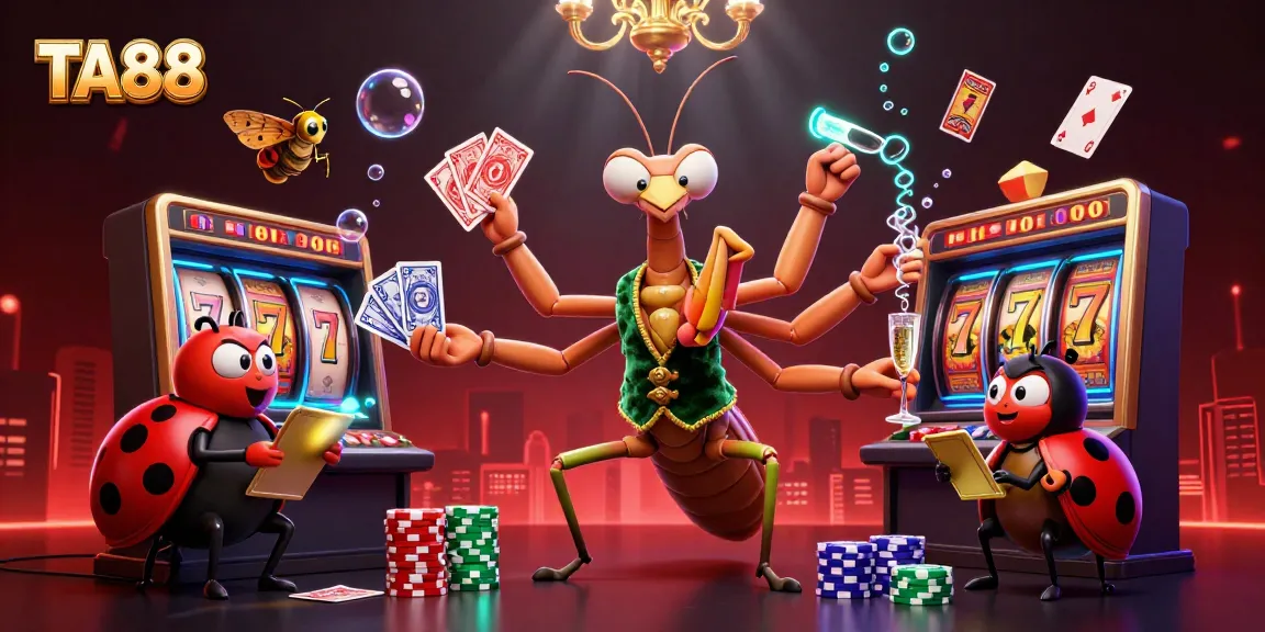 TA88 casino slot scene with a giant praying mantis and ladybug pit boss amidst vibrant gaming elements.