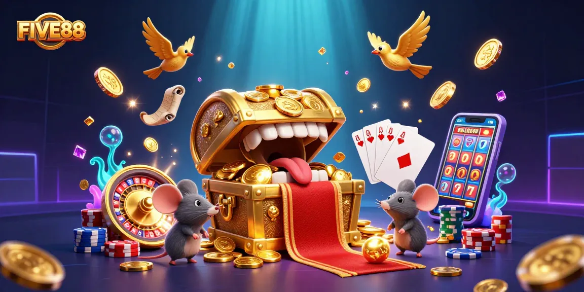 Experience thrilling wins at FIVE88 casino within a vibrant 3D gaming fantasy scene.