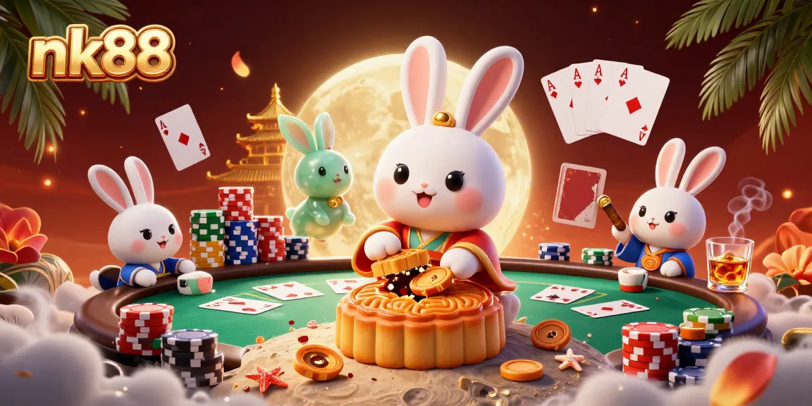 nk88 showcases a vibrant casino scene with moon rabbits revealing poker chips amidst a rich gaming atmosphere.
