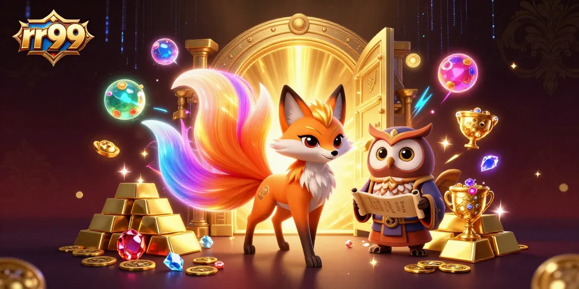 Unlock riches with rr99 in colorful, casino-themed 3D artwork featuring magical characters and treasures.