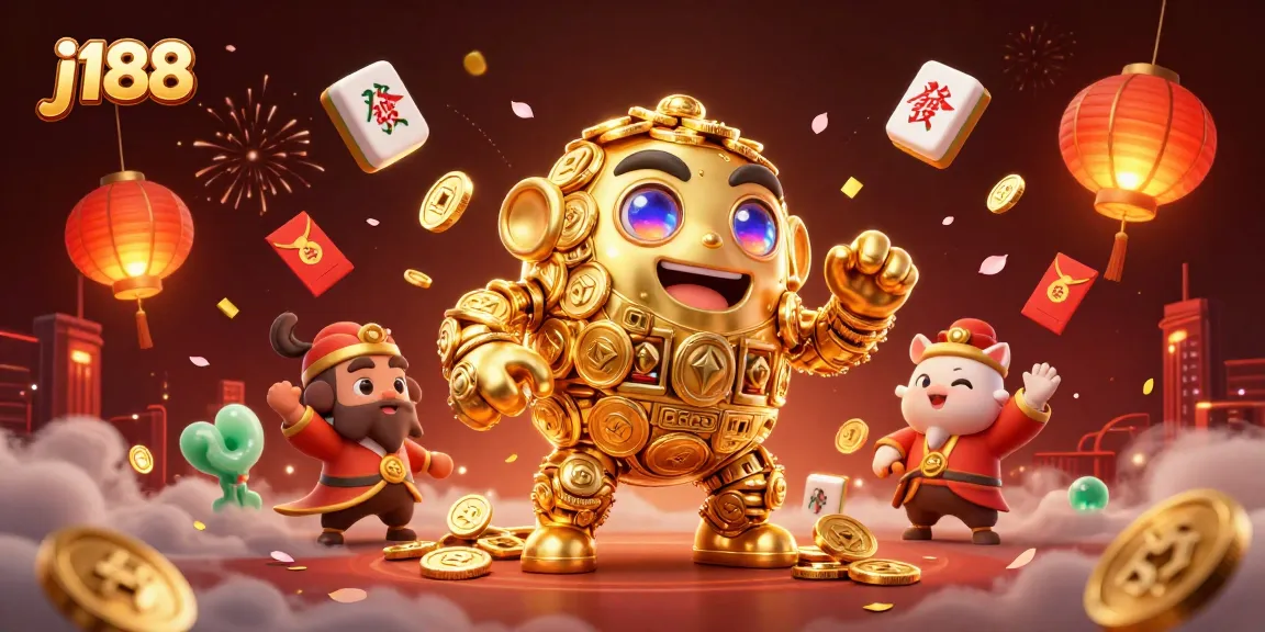 Experience the excitement of j188 with a vibrant 3D illustration showcasing a golden golem and festive game elements.
