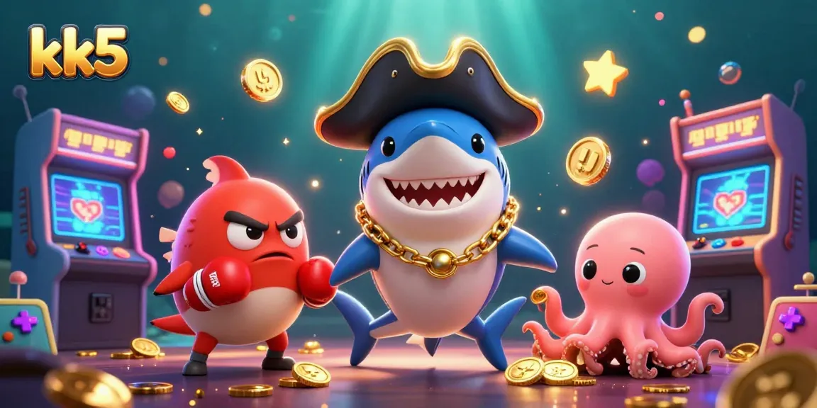 Join the thrilling adventures of kk5 with vibrant casino characters in an underwater arcade setting.