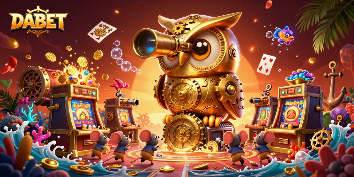 DABET showcases a vibrant casino scene with a golden owl and mice amidst rich treasures and slot machines.