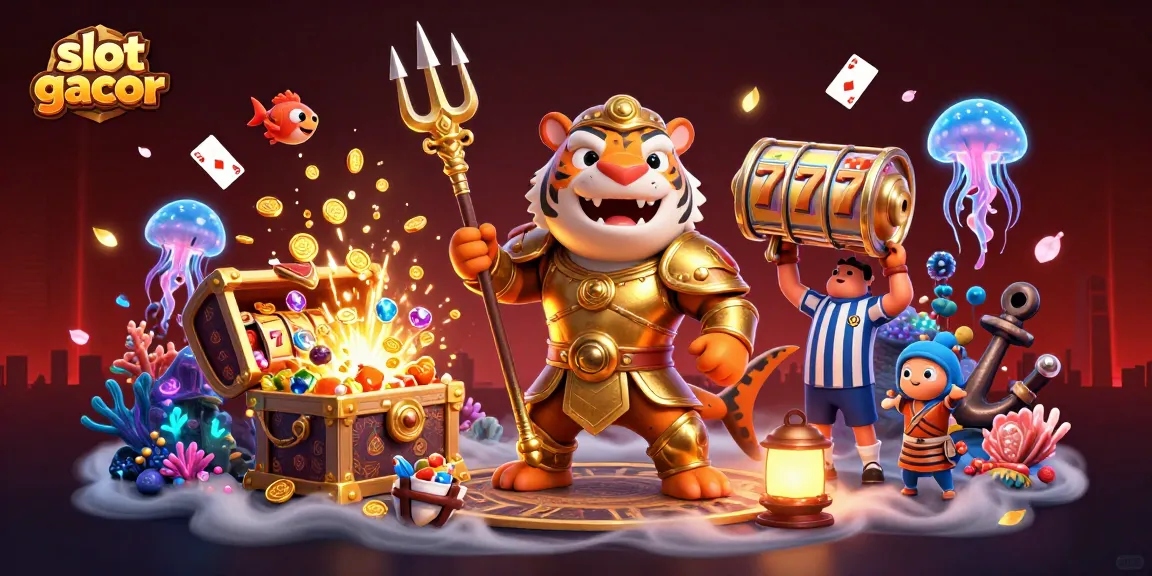 Engage in thrilling slot gacor gaming with a vibrant underwater casino adventure featuring dynamic characters.