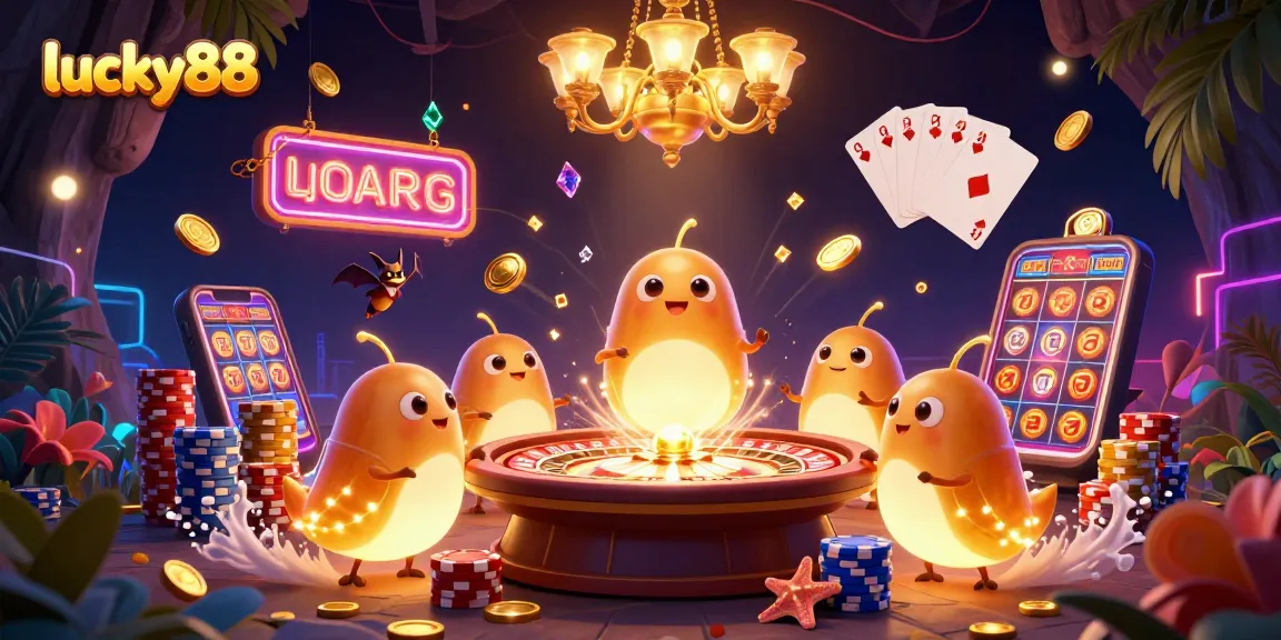 lucky88 glowworms illuminate a vibrant casino scene, showcasing games and treasures