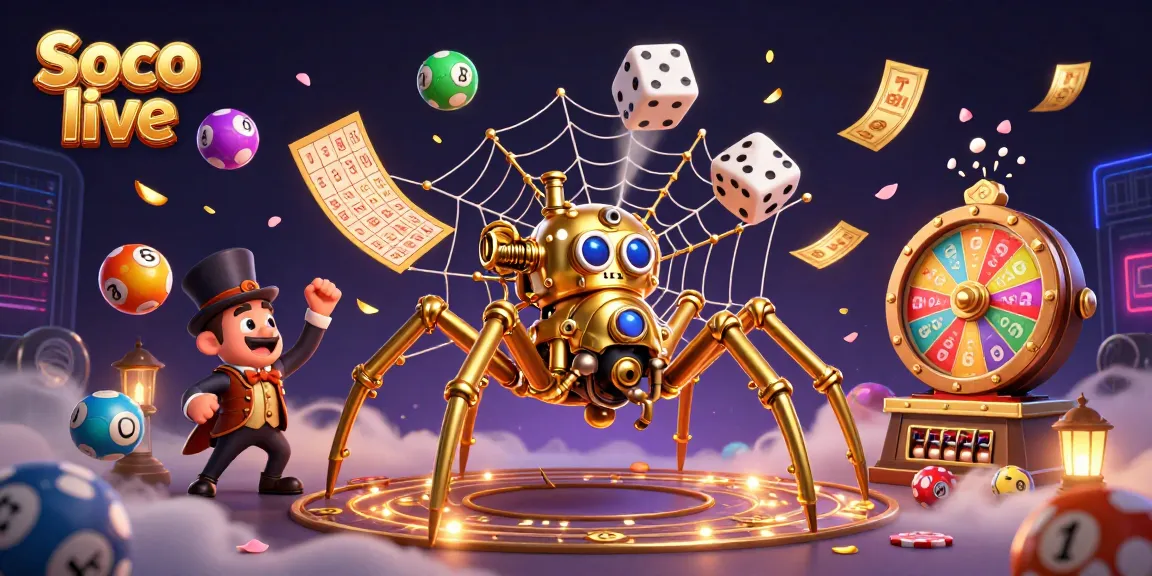 Soco live showcases a lively 3D scene with a steampunk spider and a Victorian fly gentleman amidst vibrant gambling elements.