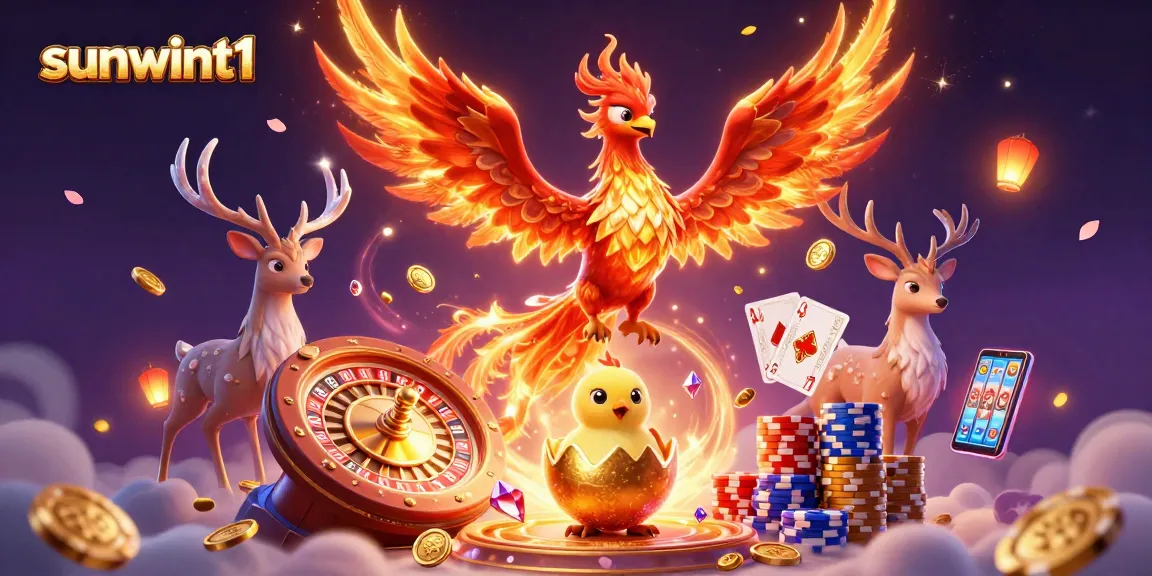 Experience thrilling wins at sunwint1 with a vibrant casino scene featuring a phoenix and golden elements.