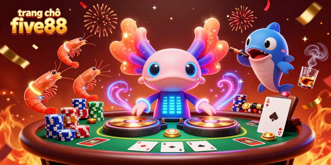 Experience the excitement of trang chủ five88 with an energetic casino scene featuring vibrant characters and dynamic gambling elements.