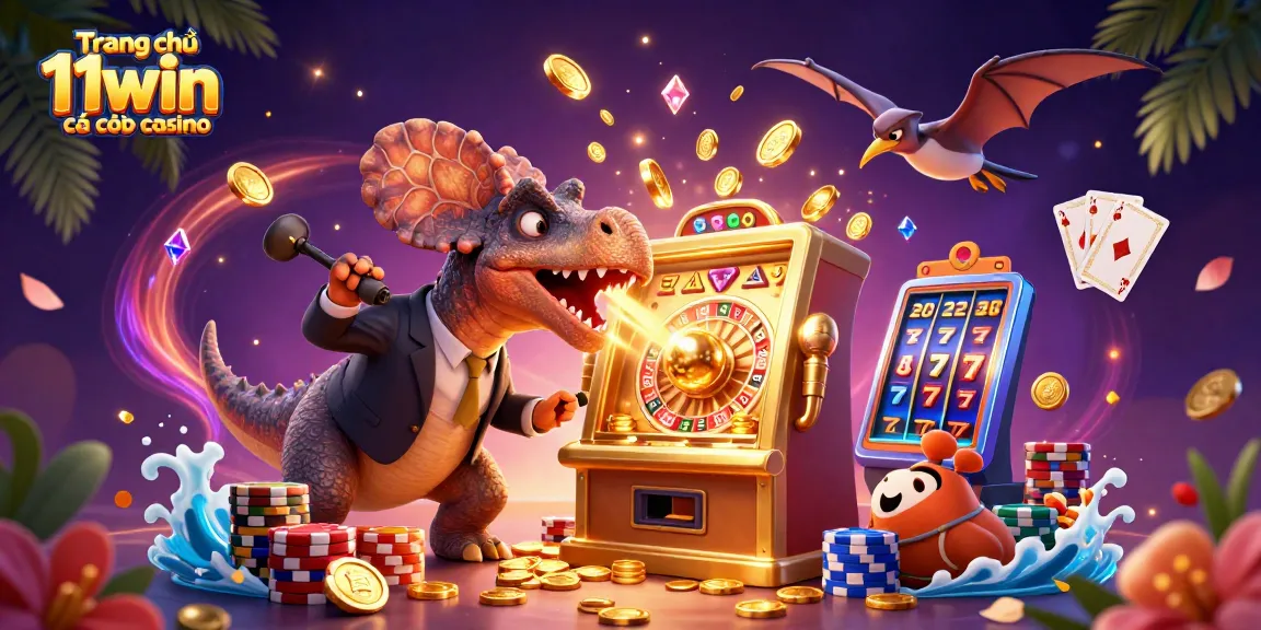 Trang chủ 11win cá cược casino showcases a vibrant 3D scene of cartoon dinosaurs and casino elements.