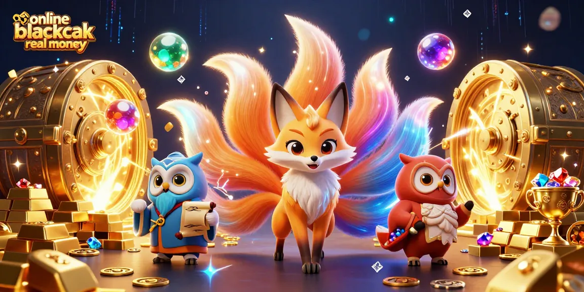 Play online blackjack real money with a vibrant 3D illustration of a colorful fox and wise owl amidst treasures.