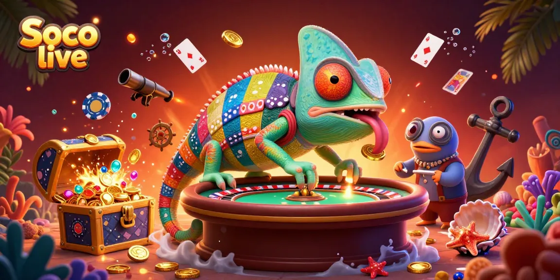 Soco live features a dynamic chameleon casino owner amidst vibrant 3D gambling elements.
