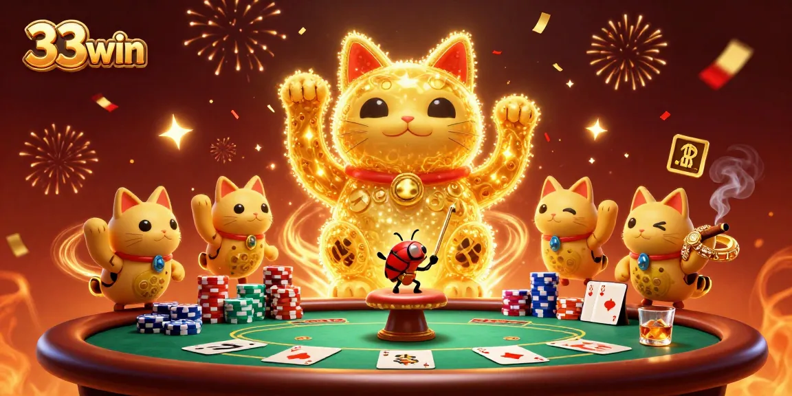 Engage with 33win's captivating casino experience featuring a lucky cat and poker excitement.