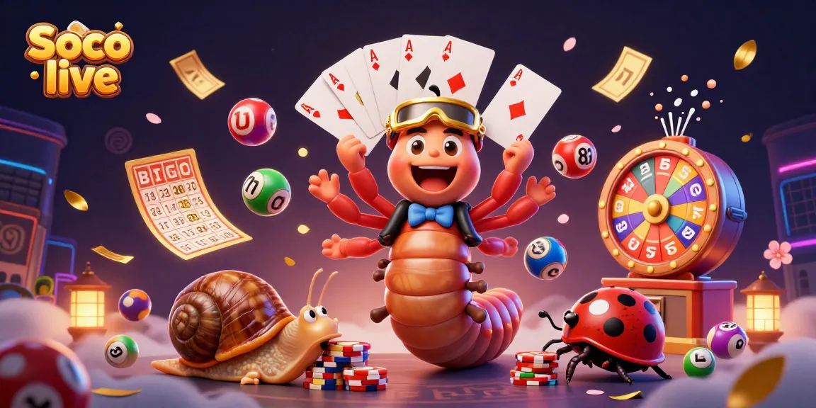 Soco live vibrant cartoon casino scene featuring a millipede dealer, colorful lottery balls, and a snail high-roller.
