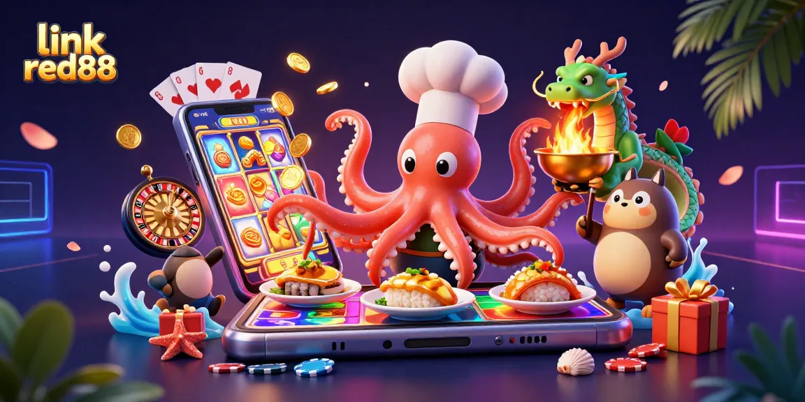 Experience the excitement of link red88 with a vibrant illustration showcasing a sushi chef octopus, dragon, and tanuki amidst gaming elements.