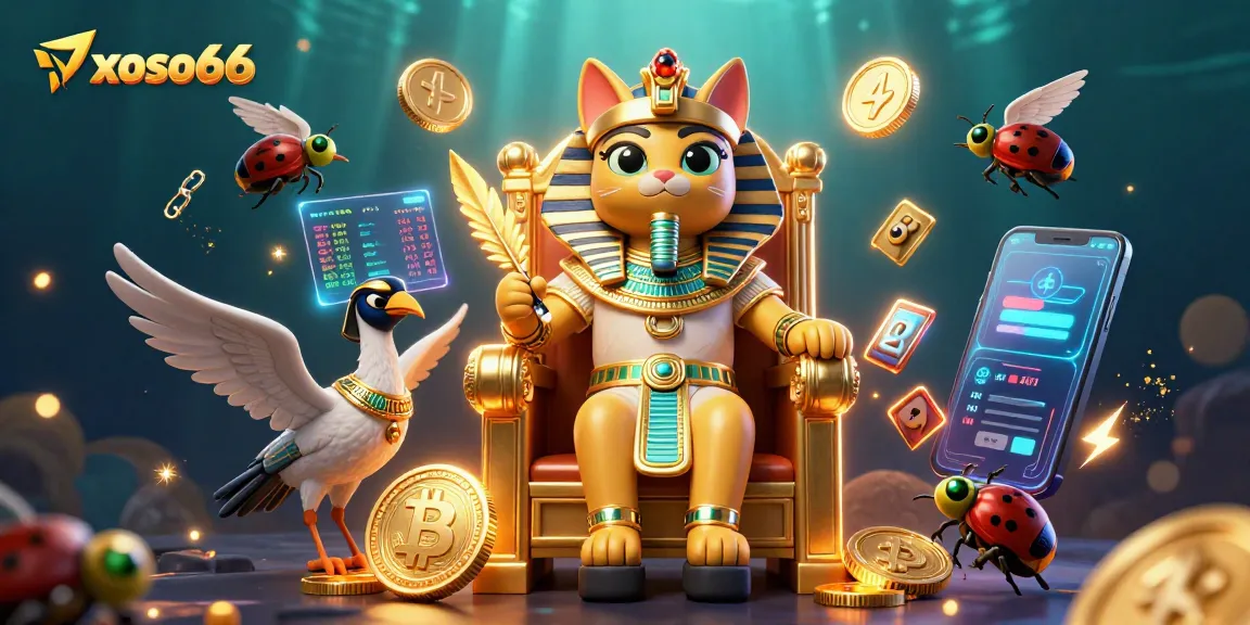 Engage with xoso66 in vibrant 3D casino action, featuring Egyptian pharaoh cat and crypto-themed elements.