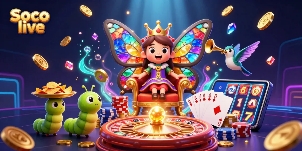 Soco live features an enchanting scene with a butterfly queen and gambling elements, full of vibrant energy.